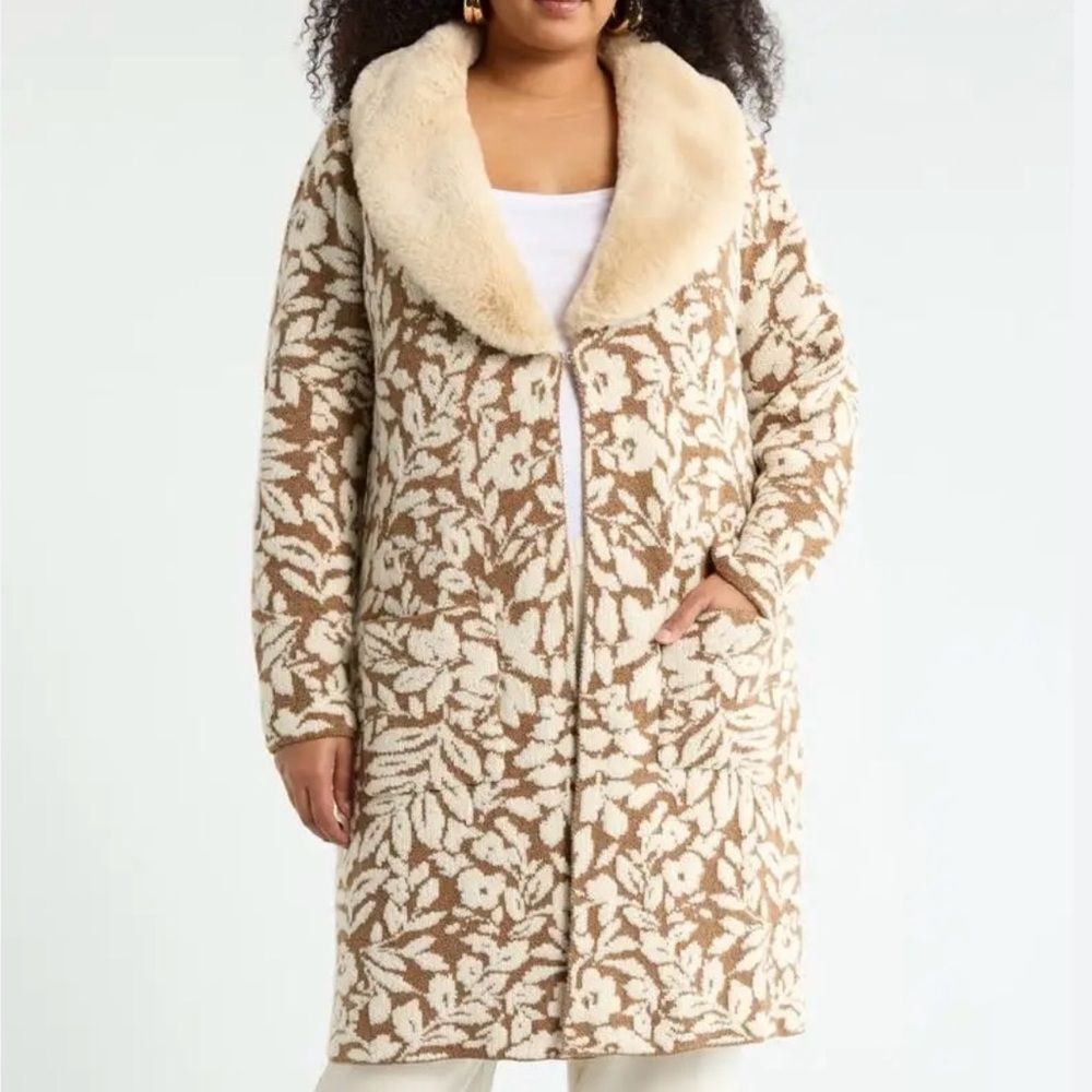 DR2 Tan Women’s Cream Floral Faux Fur Collar Sweater Coatigan Plus 1X NWT